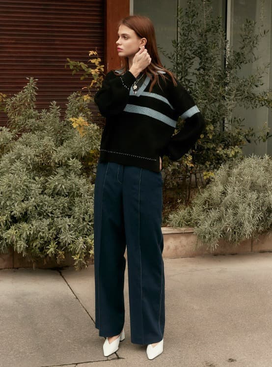 Pintuck Stitched Pants in D/Navy