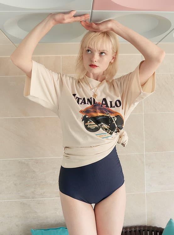 Motorcycle Print Big Tee in Cream