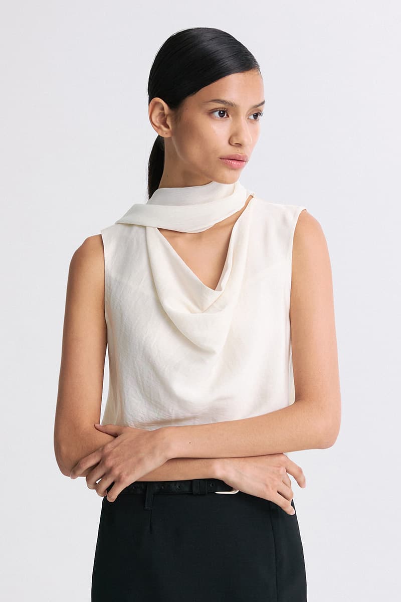 Scarf-Neck Draped Sleeveless Blouse