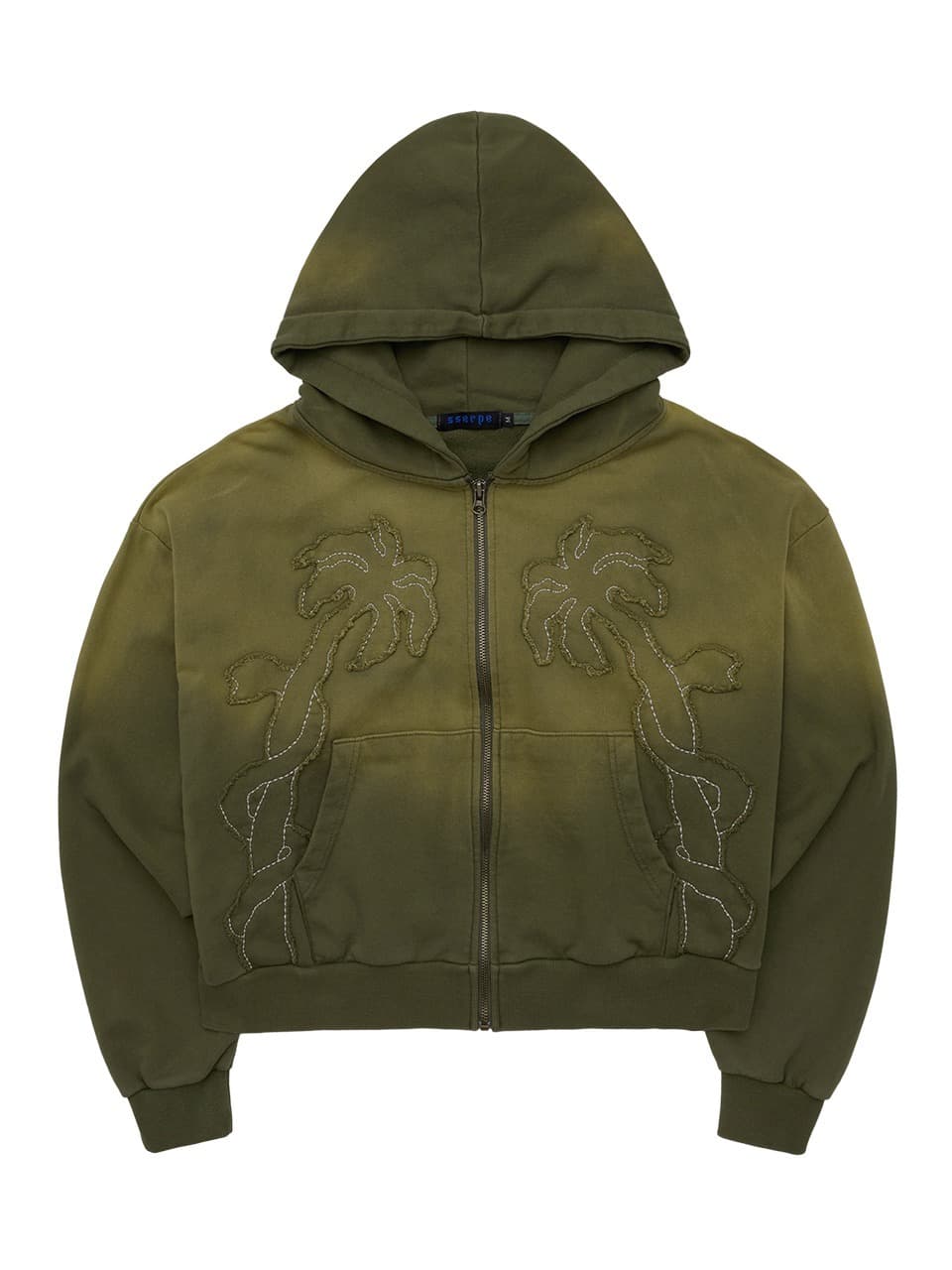 Applique Bleach Washing Crop Hoodie Zip Up Khaki