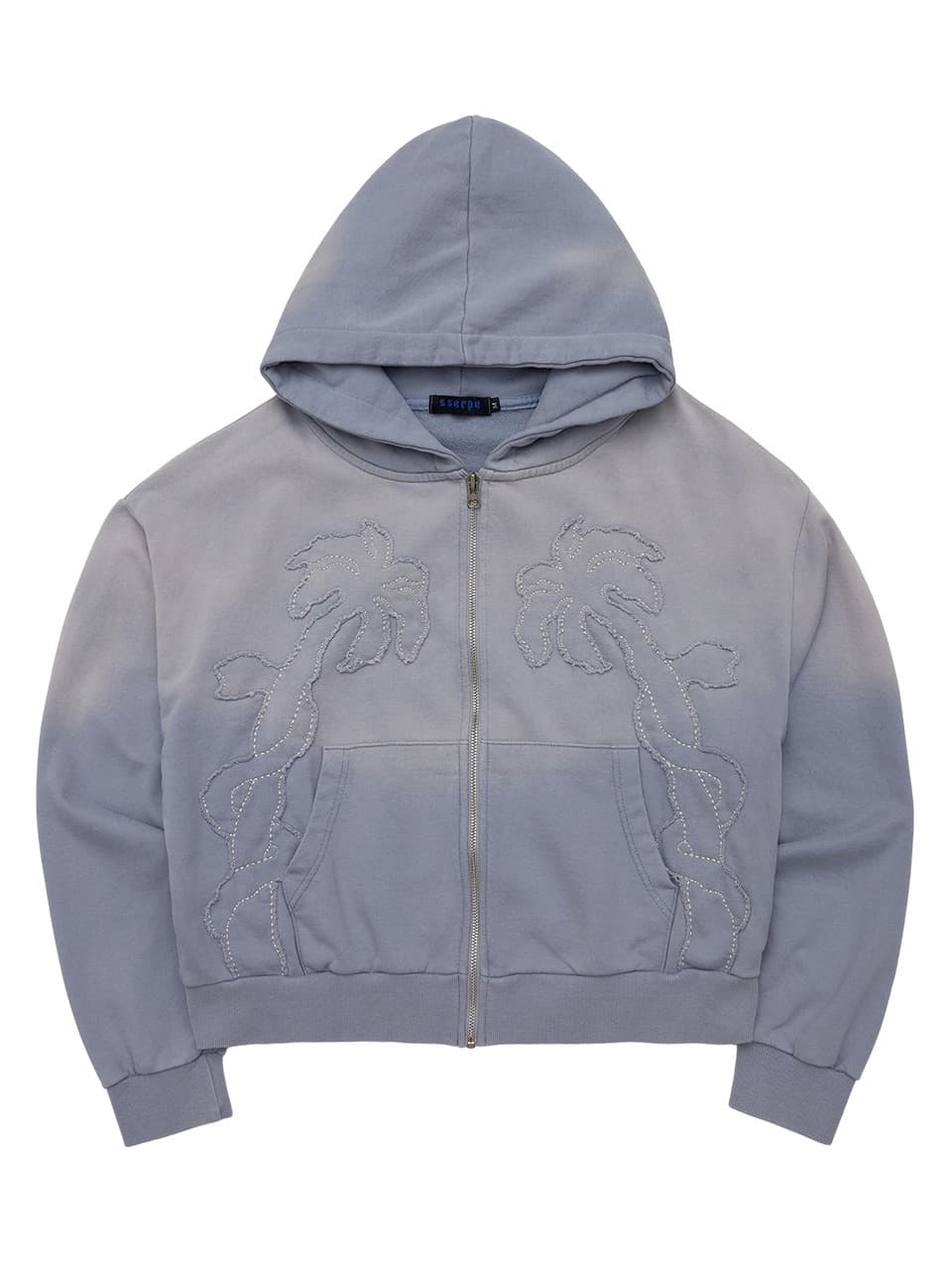 Applique Bleach Washing Crop Hoodie Zip Up Light Blue