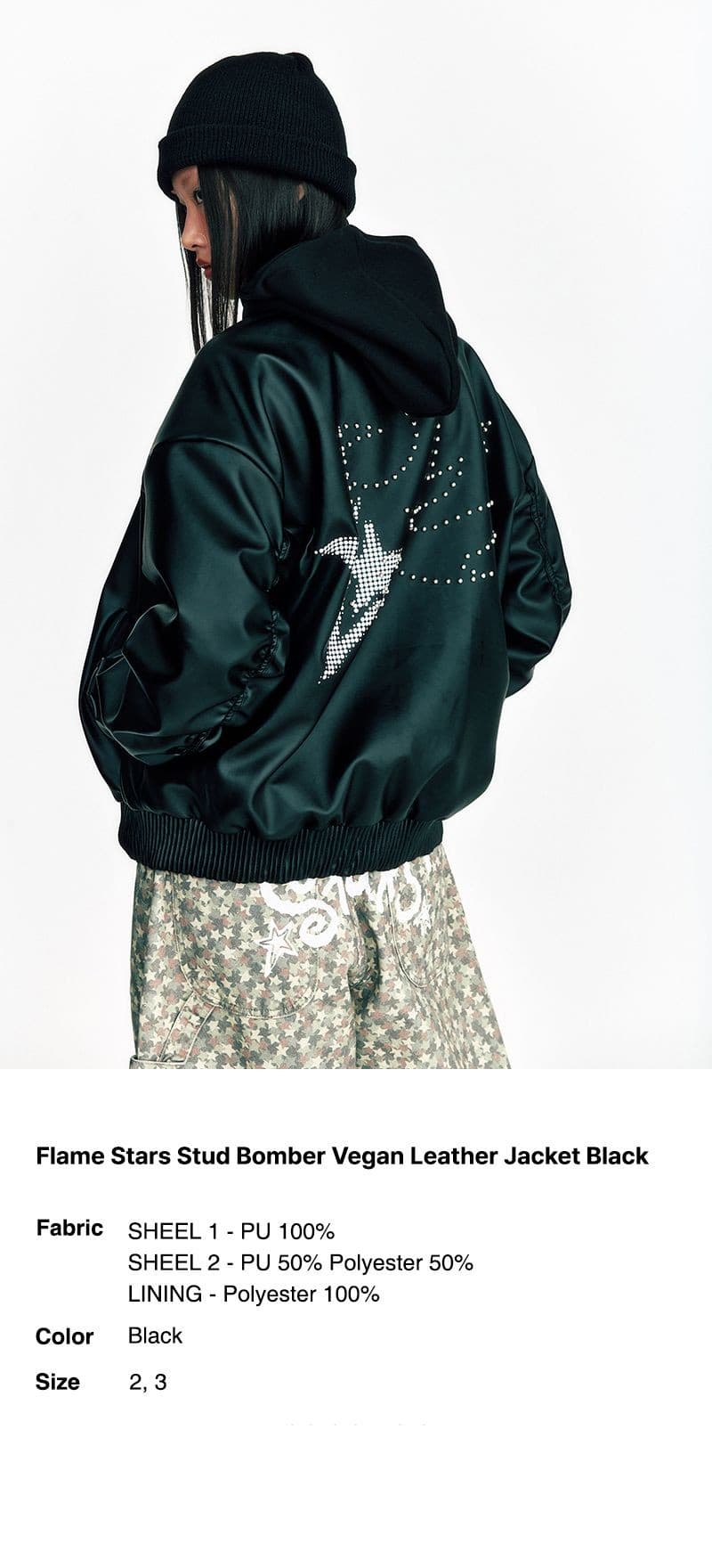 Flame Stars Stud Bomber Vegan Leather Jacket — vue 4