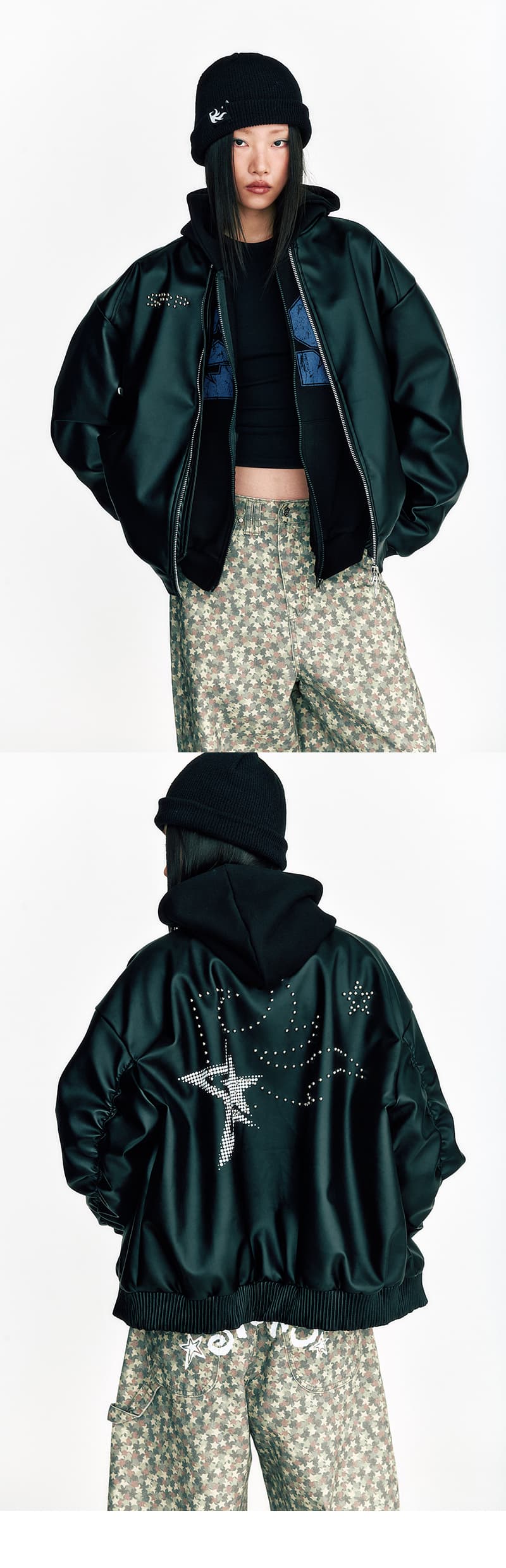 Flame Stars Stud Bomber Vegan Leather Jacket — vue 6