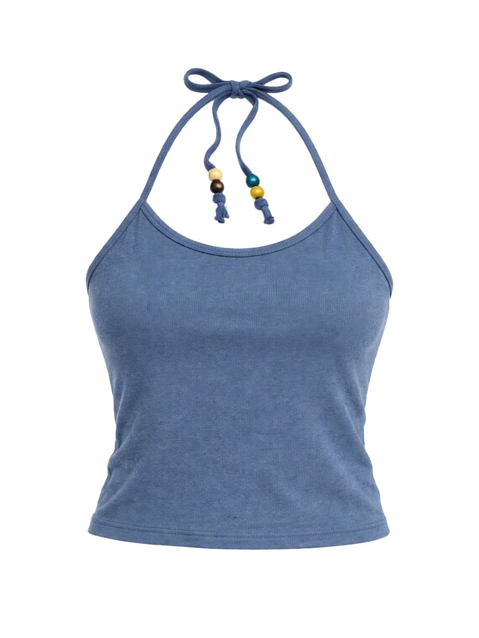 Beads Pigment Halter Neck Sleeveless Blue