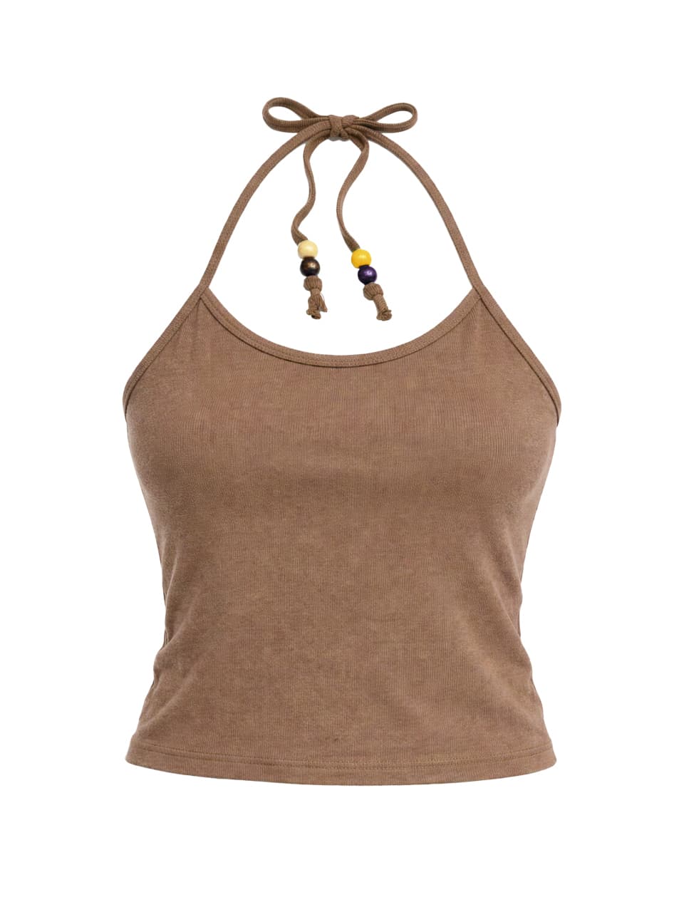 Beads Pigment Halter Neck Sleeveless Brown