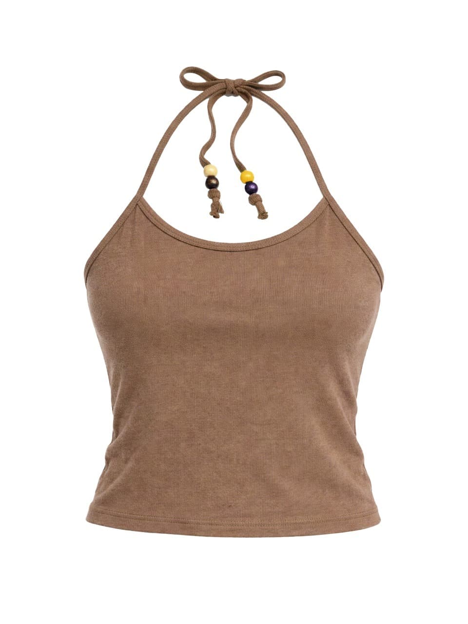 Beads Pigment Halter Neck Sleeveless Brown