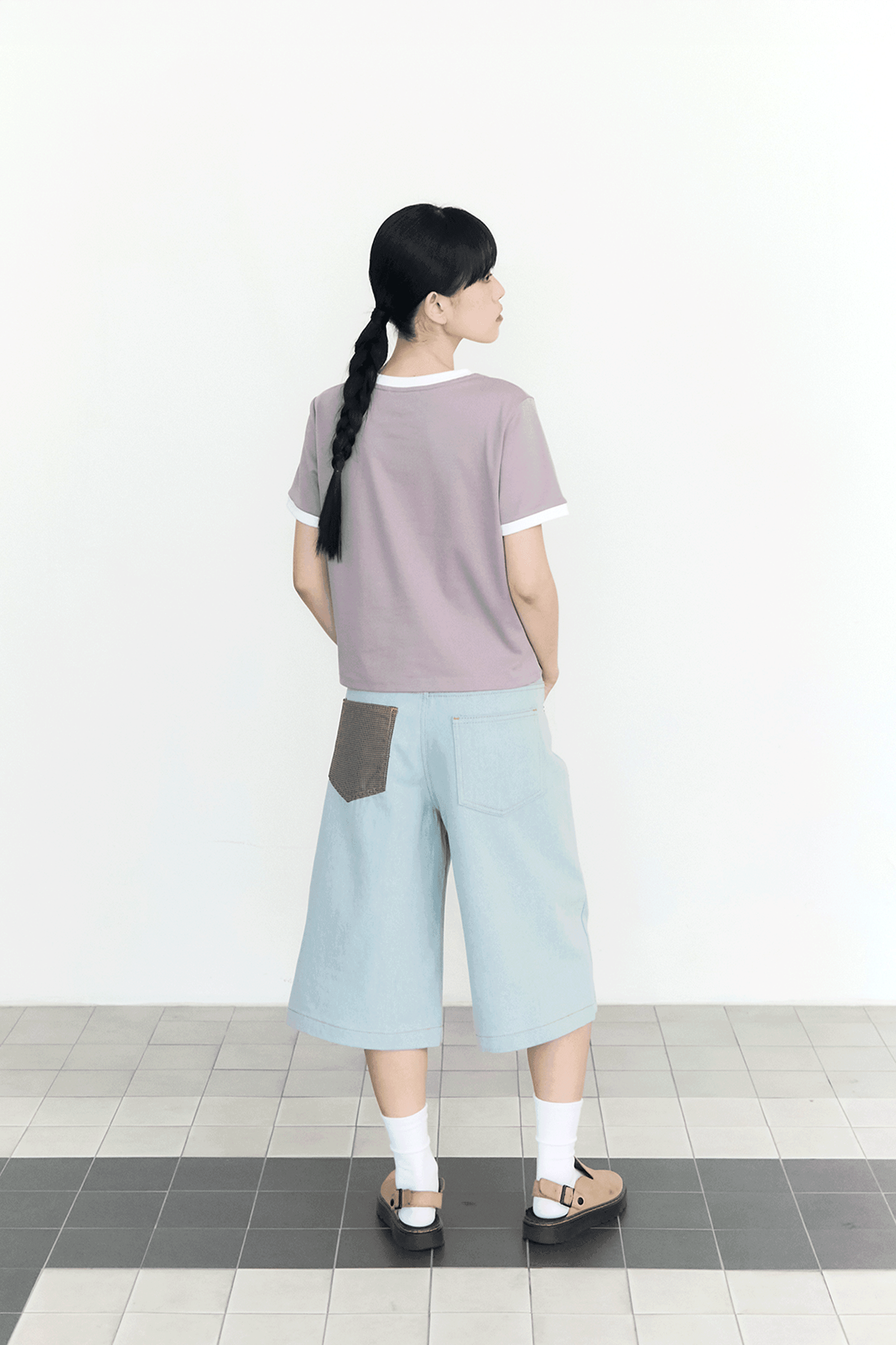 Check Pocket Straight Capri Pants (Light Blue)
