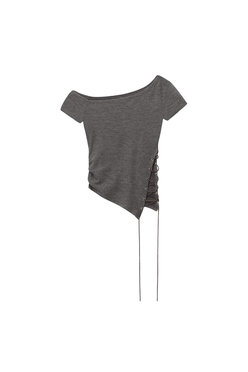 [Runway] Lace-up Off shoulder Short-sleeve Top (Charcoal) — vue 1