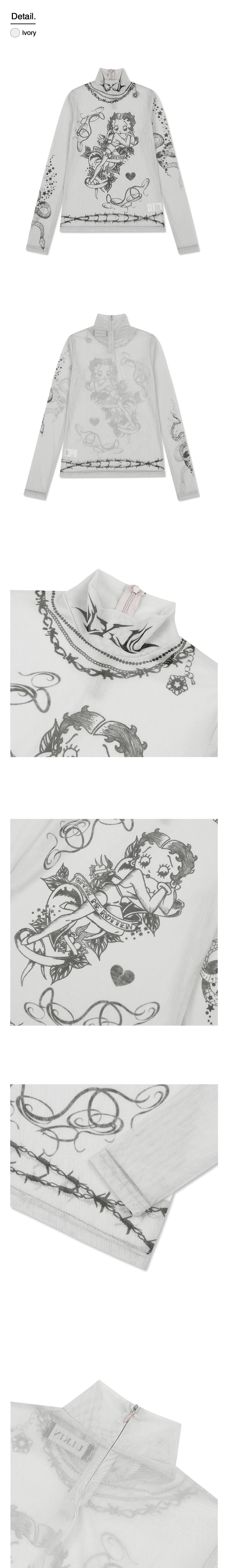 ULKIN X BETTY BOOP Spoil Me Tattoo Mesh Turtleneck (Ivory) — vue 3