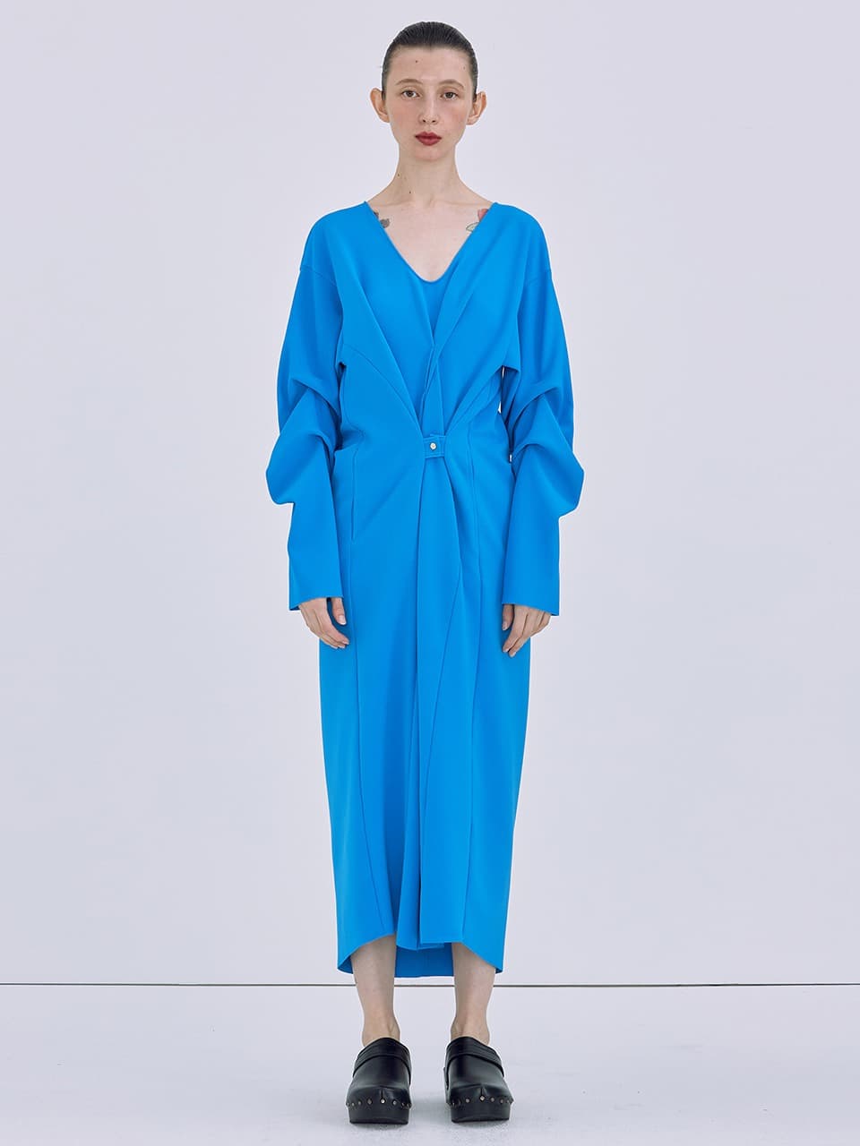 Shirring Backless Long Dress — Blue
