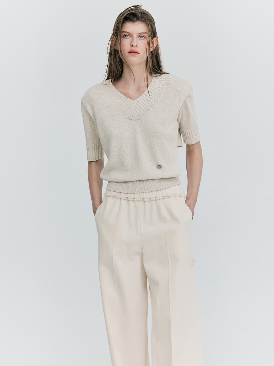 V-neck Half Knit Top — Cream