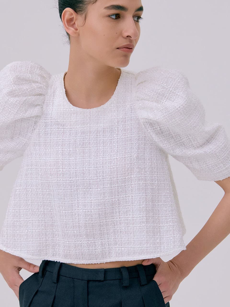 26 Tweed Puff Top — White