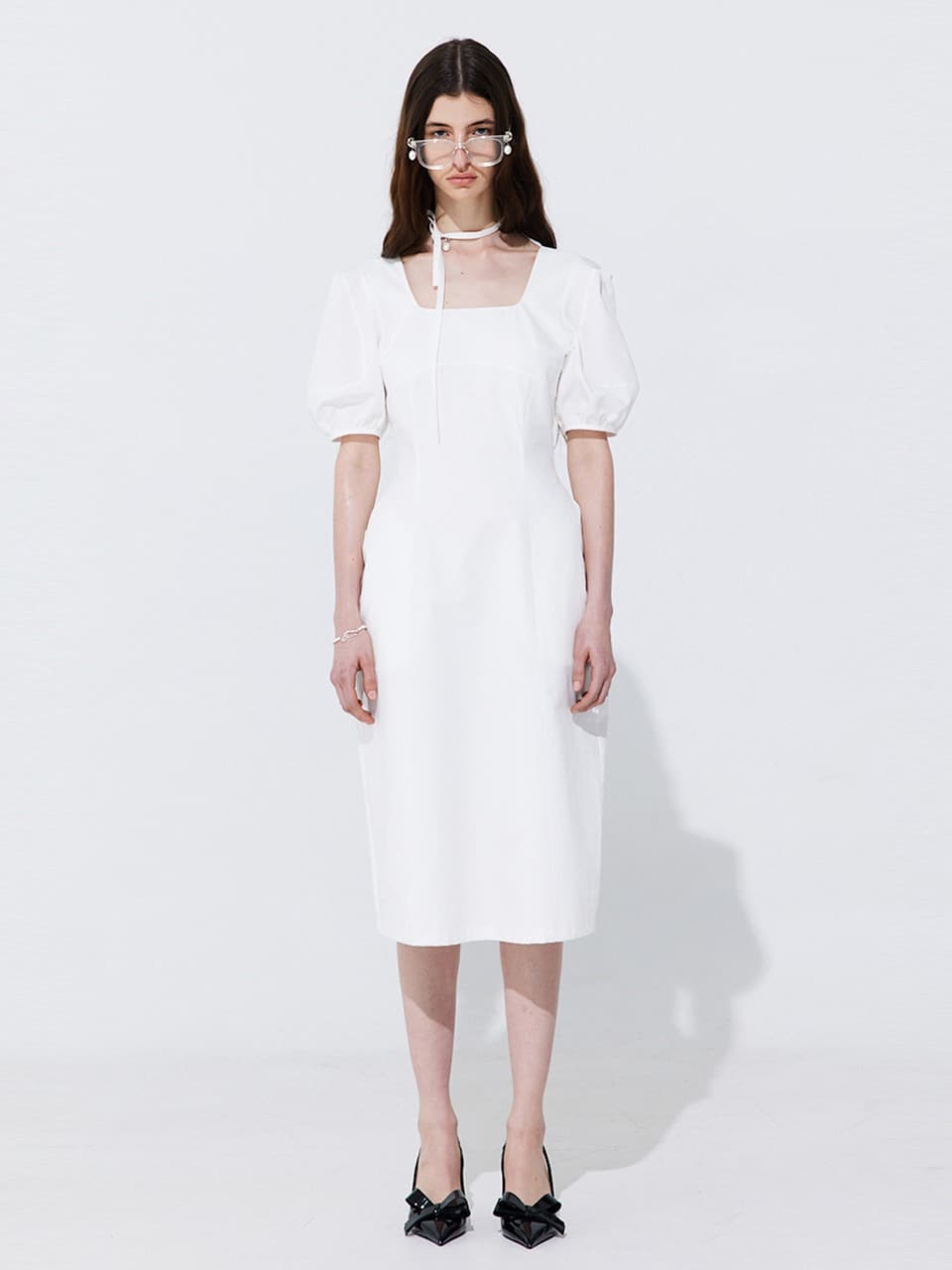 Pearl Balloon Line Dress — White