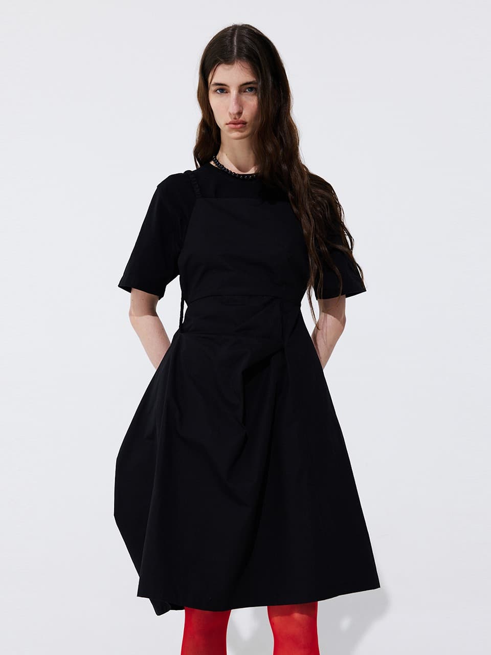 Shirring Back Line Layered Dress — Black
