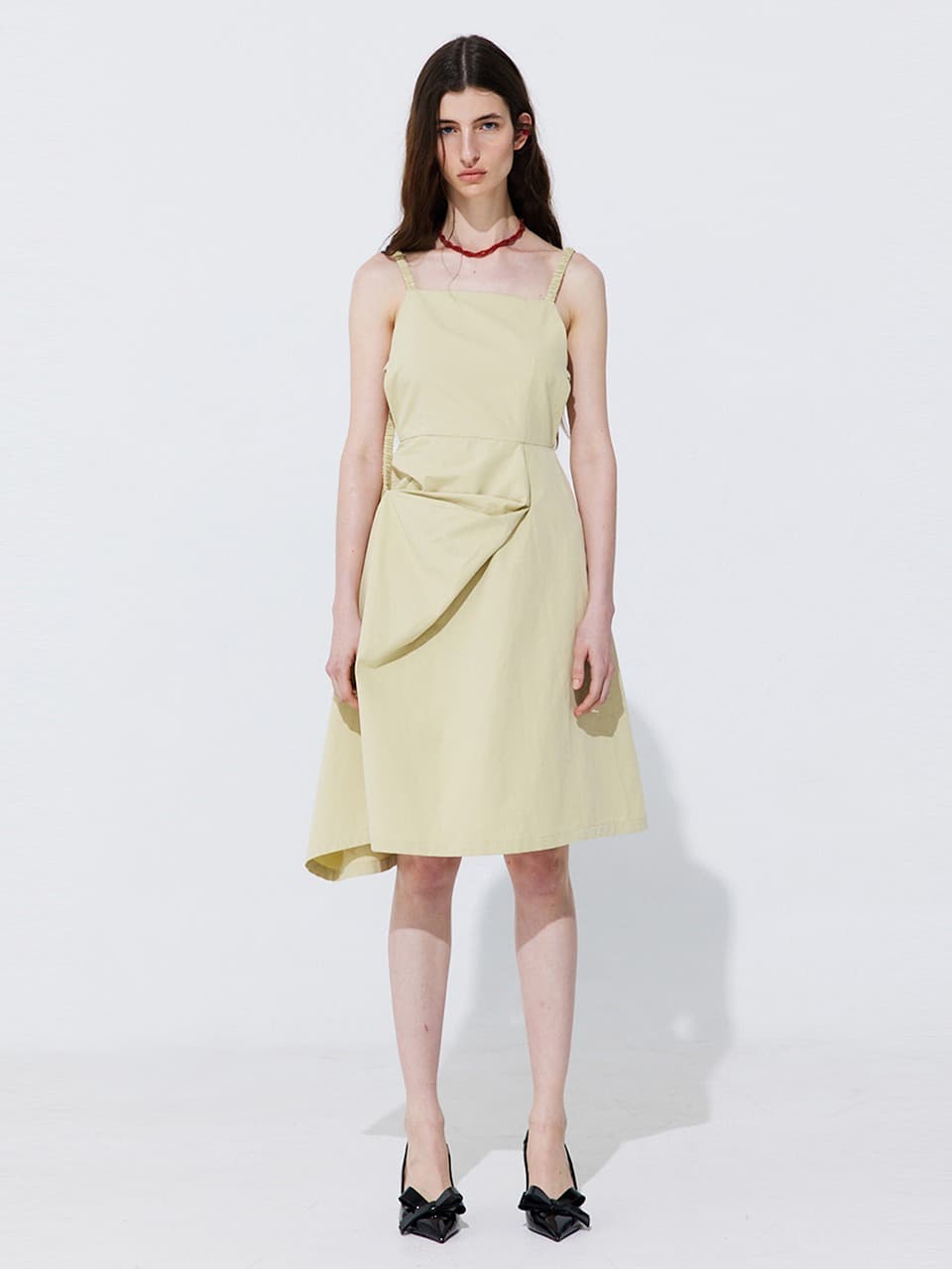 Shirring Back Line Layered Dress — Olive