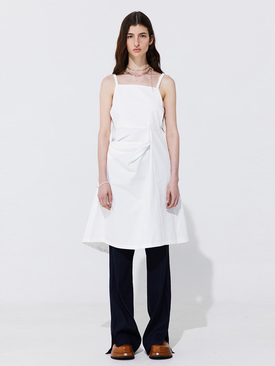 Shirring Back Line Layered Dress — White
