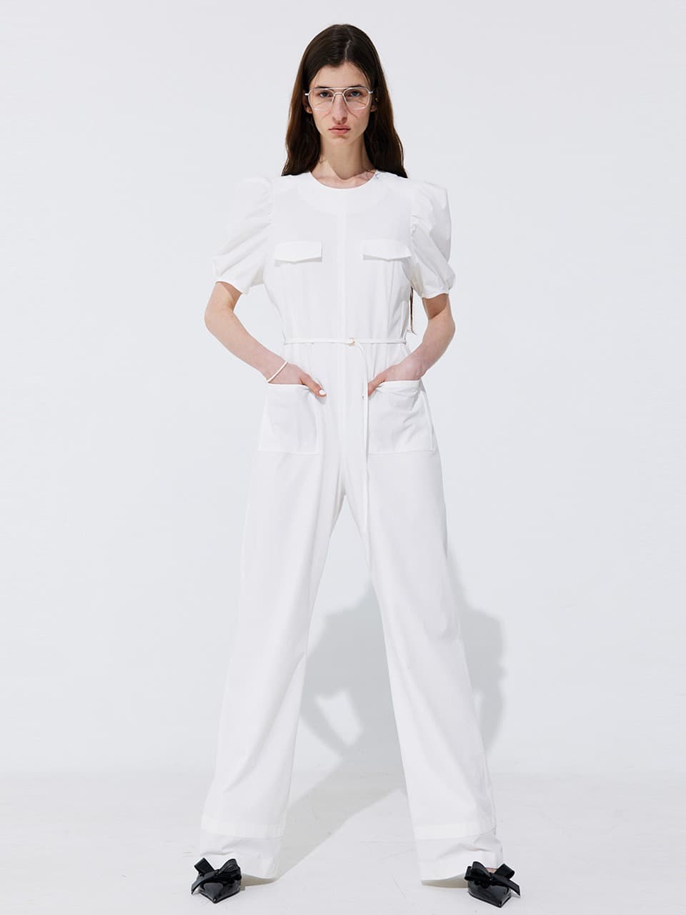 Puff Belted Jumpsuit — White — vue 1