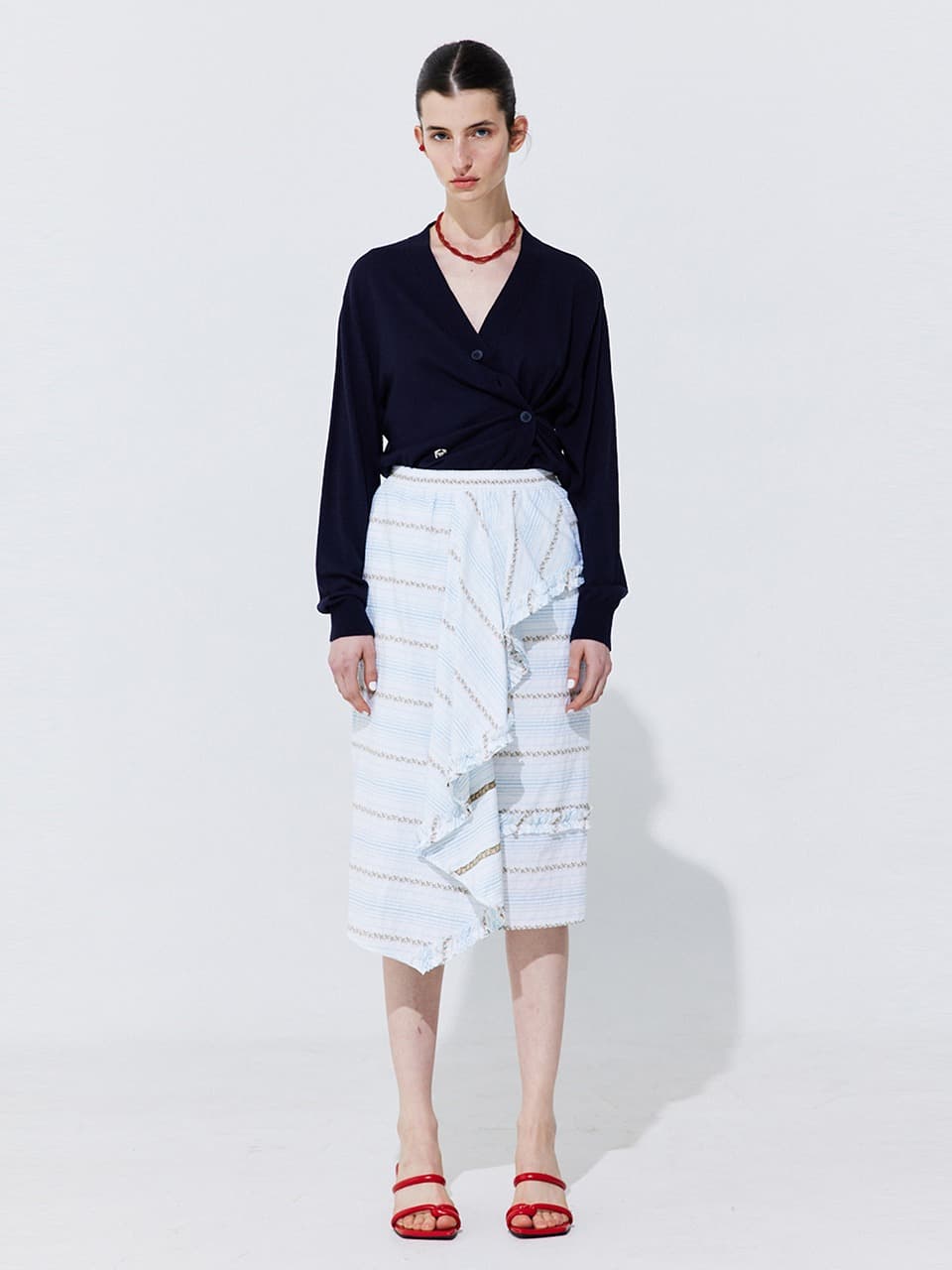 Floral Embroidery Banding Skirt — Light Blue