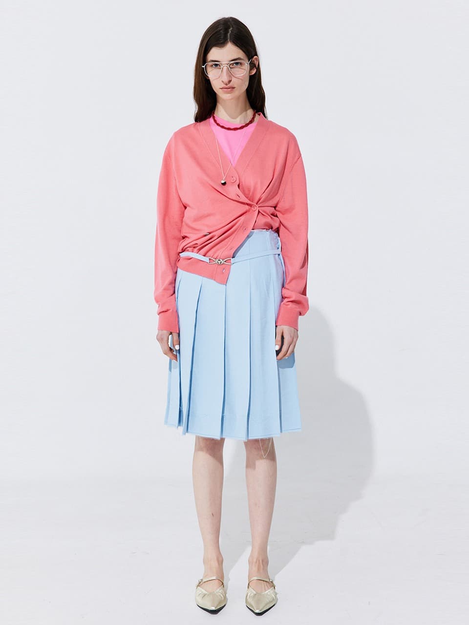 Raw-cut Pleats Skirt — Light Blue