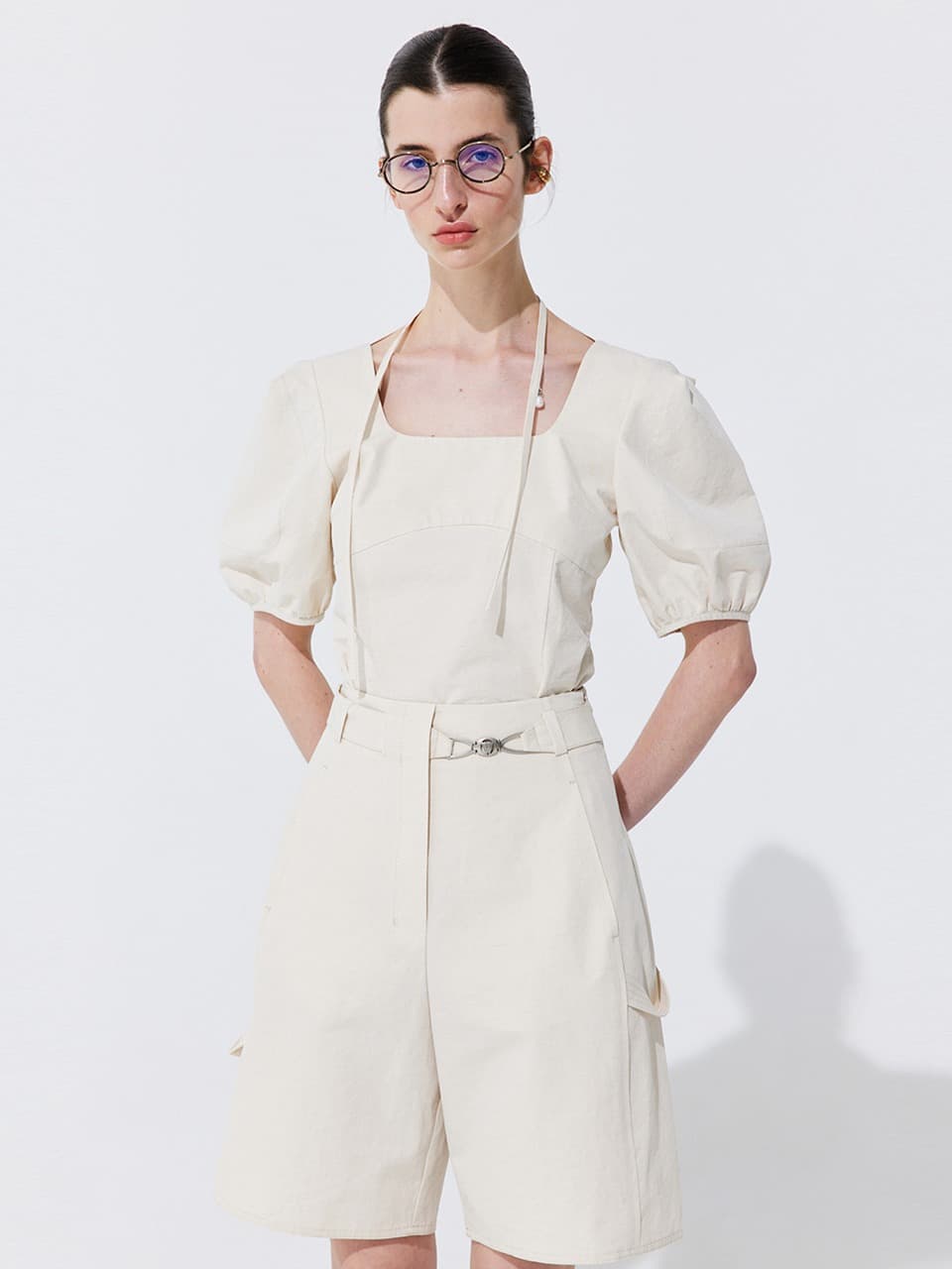 Belted Cotton Bermuda Pants — Cream