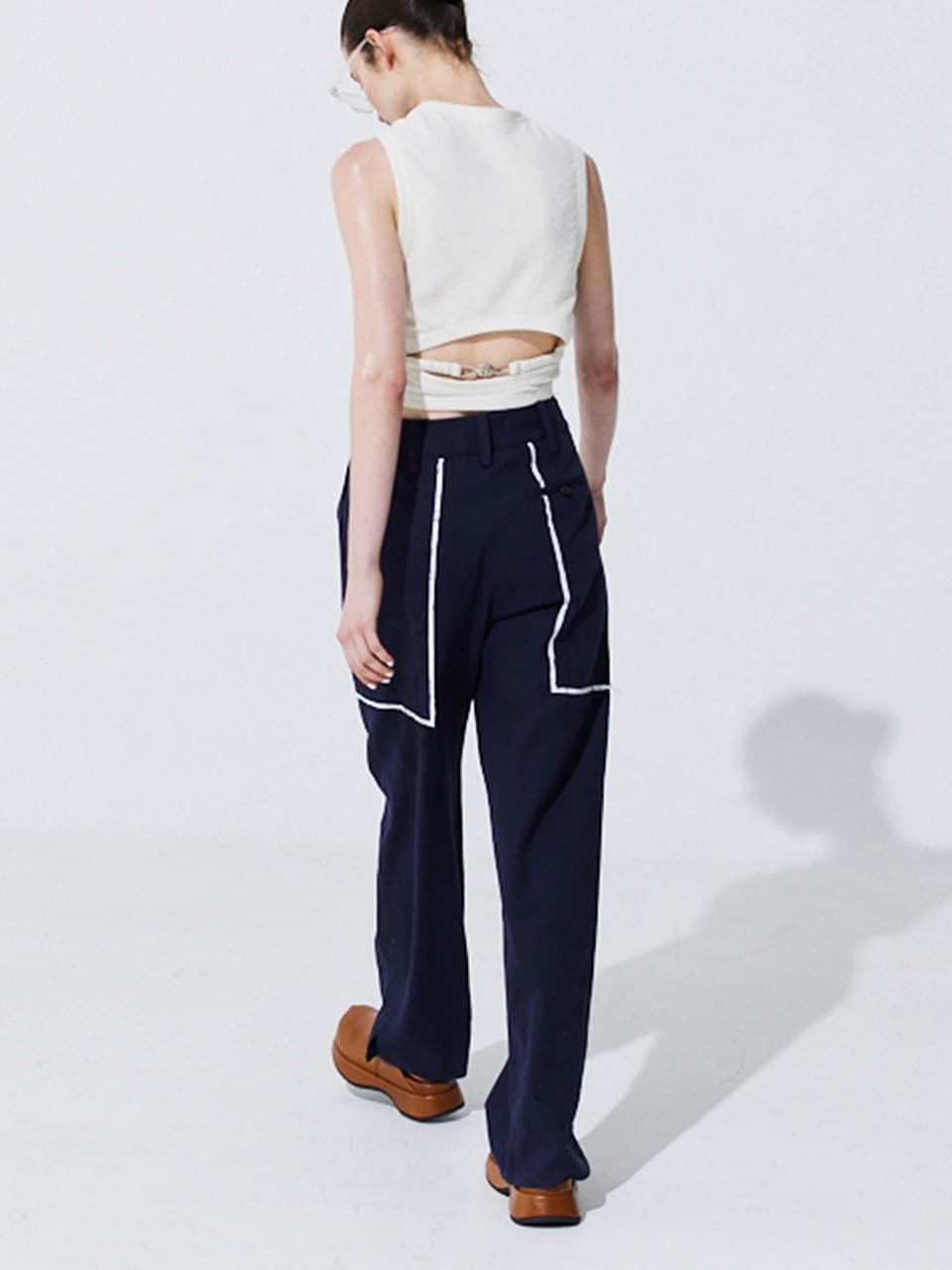 Color-Block Point linen Trousers — Navy