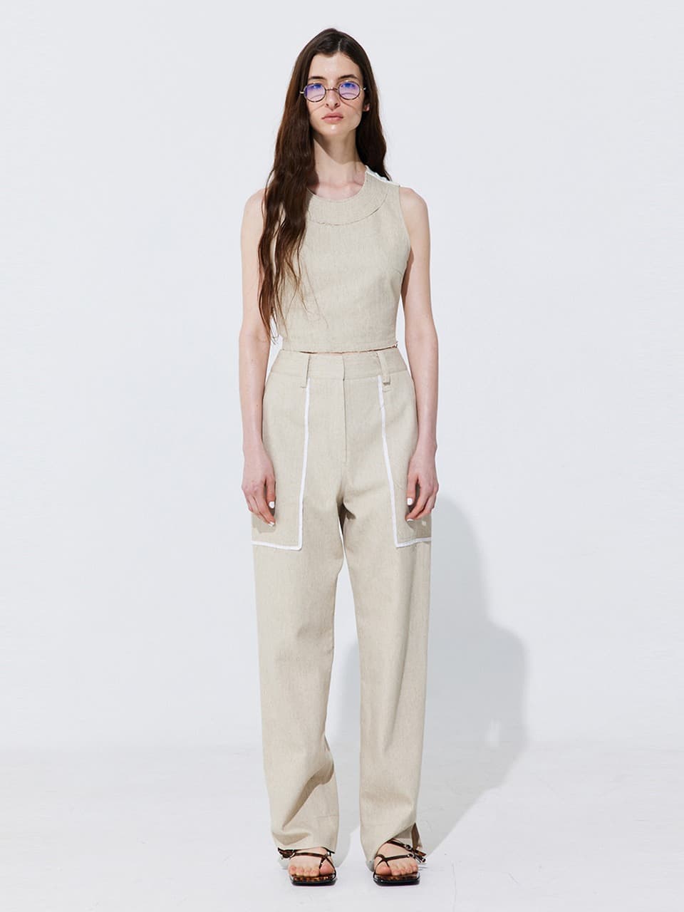 Color-Block Point linen Trousers — Beige