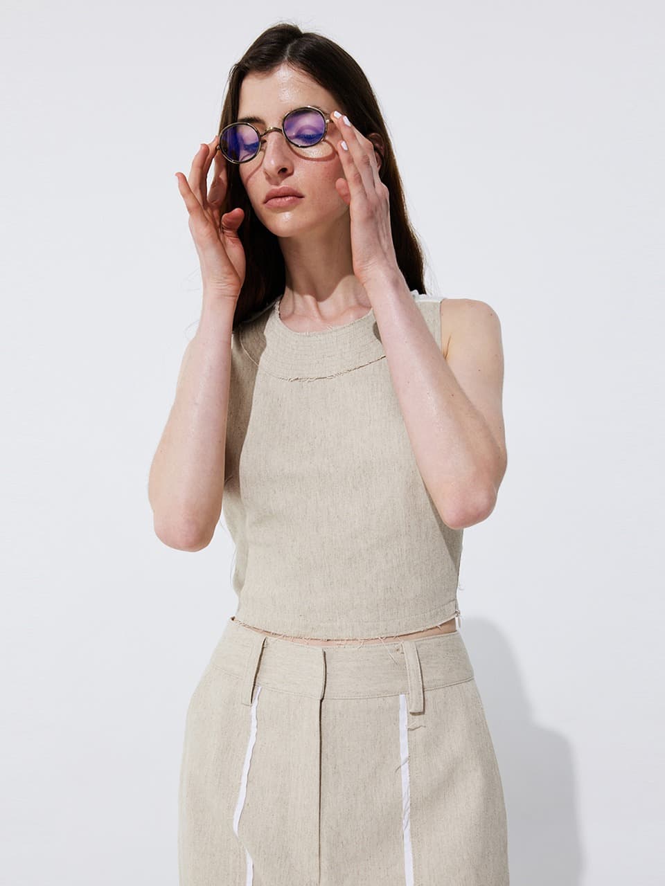Color-Block Sleeveless Crop Top — Beige