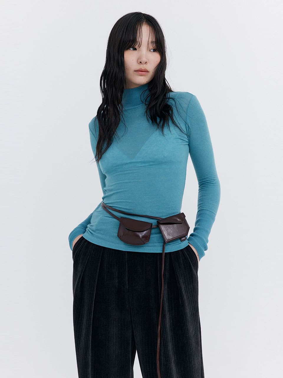 Knit Rib Half Turtleneck T-shirt — Blue