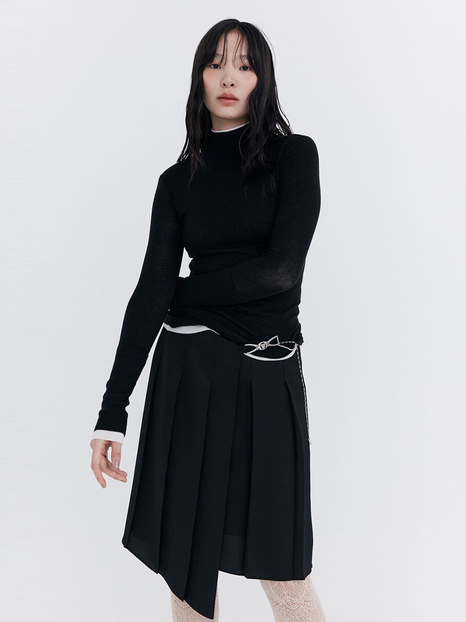 Knit Rib Half Turtleneck T-shirt — Black