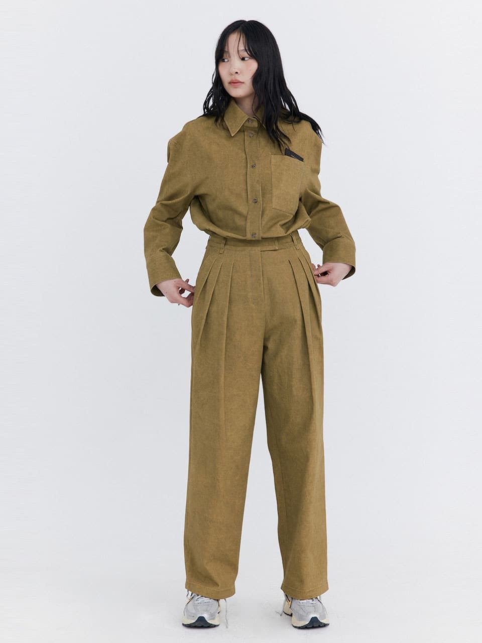Washed Cotton Wide Pants — Khaki
