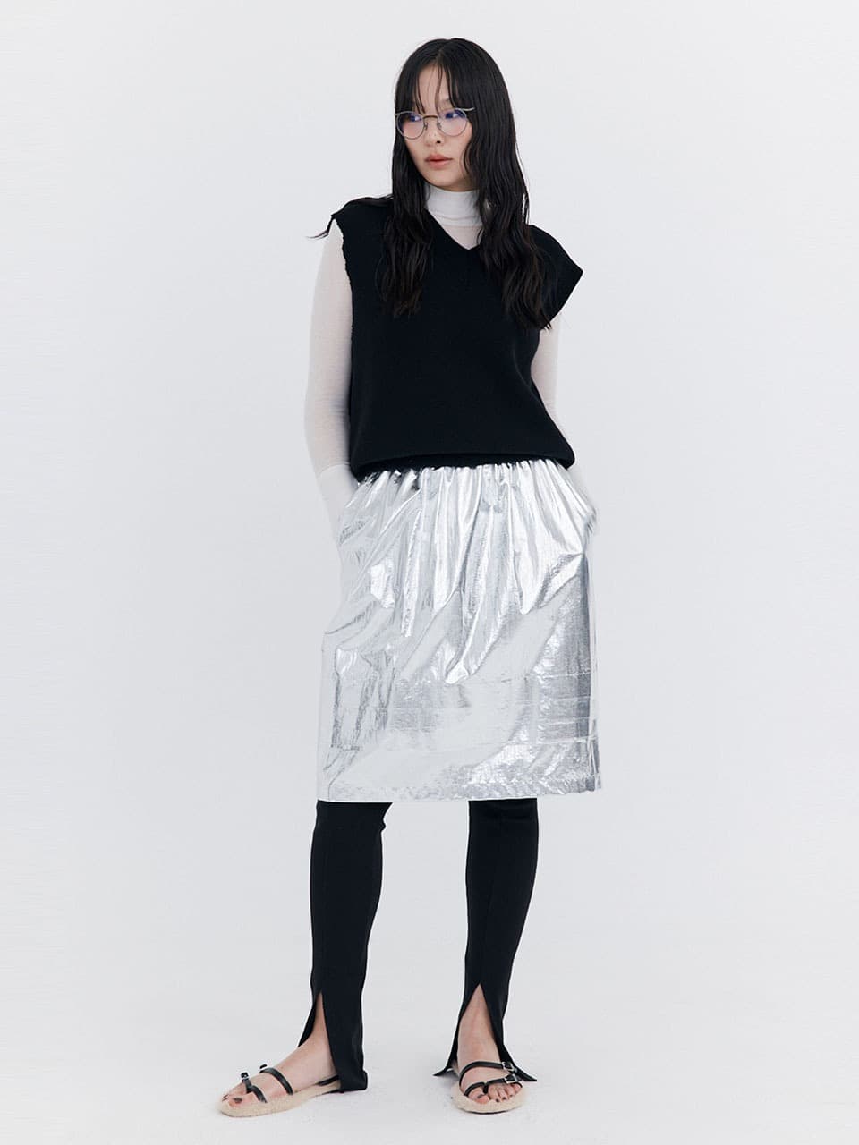 Raw-cut Tuck Skirt — Silver