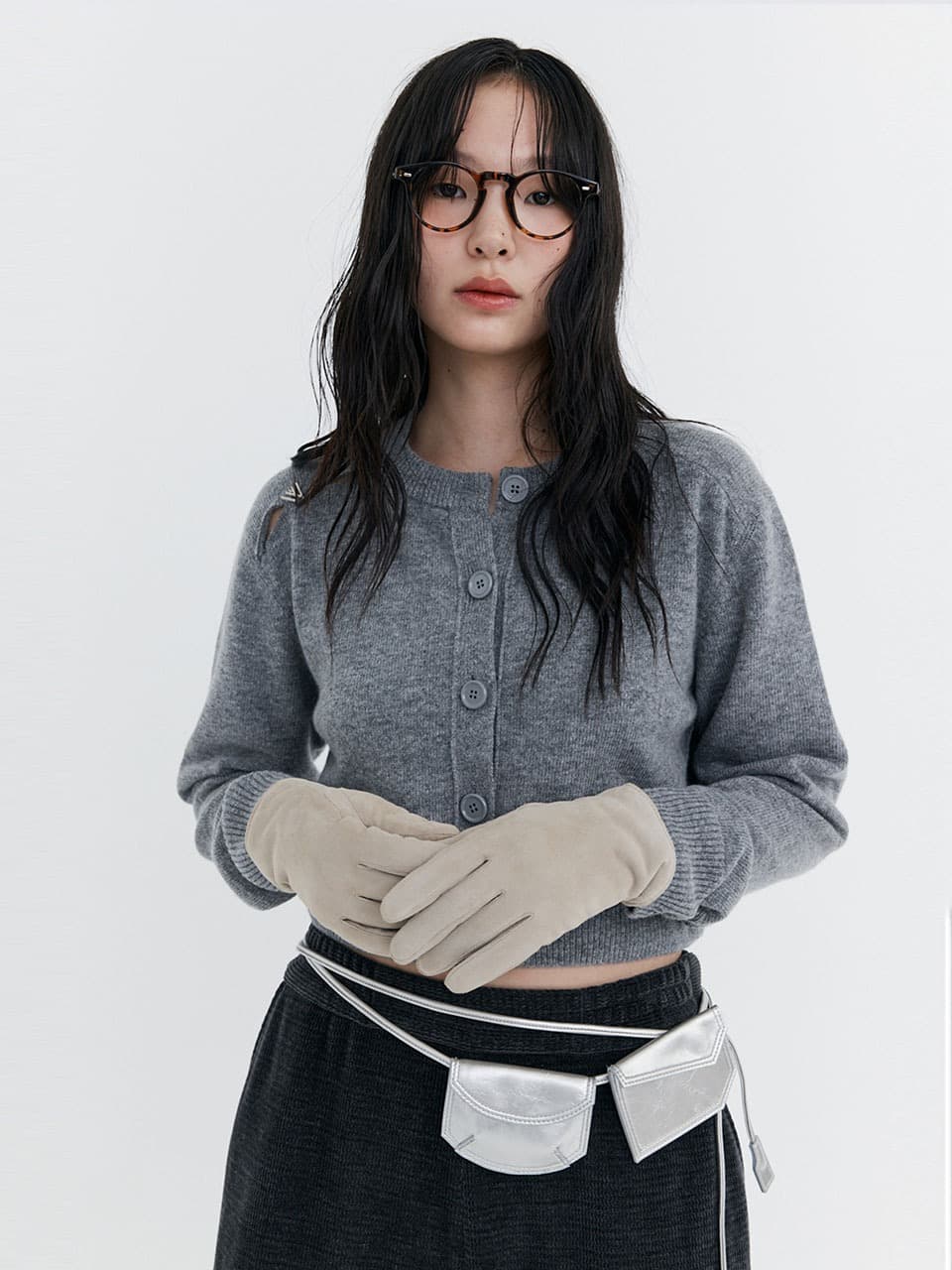Open Point Crop Knit Cardigan — Grey