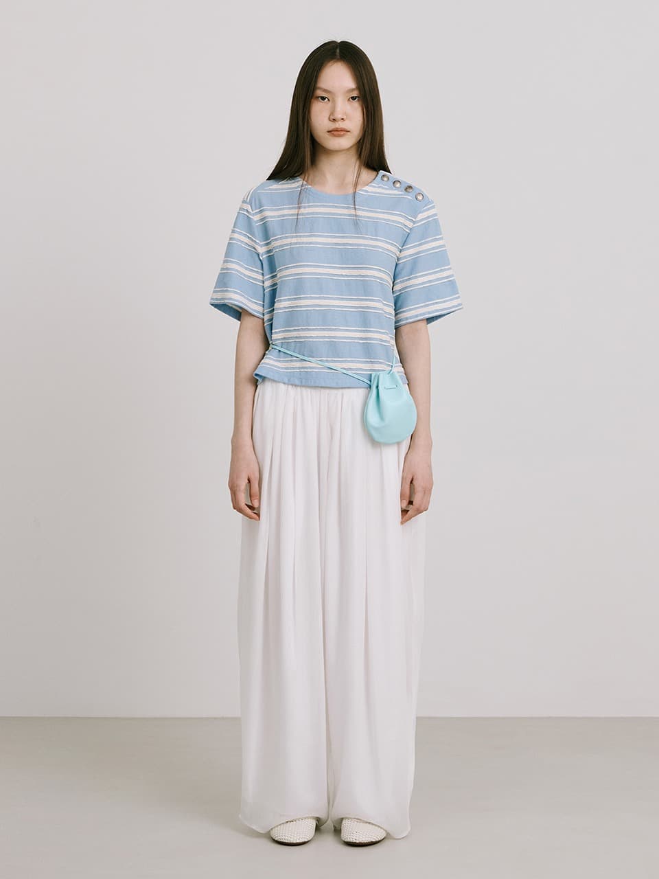 Stripe Jacquard Knit Short Sleeve T — Light Blue