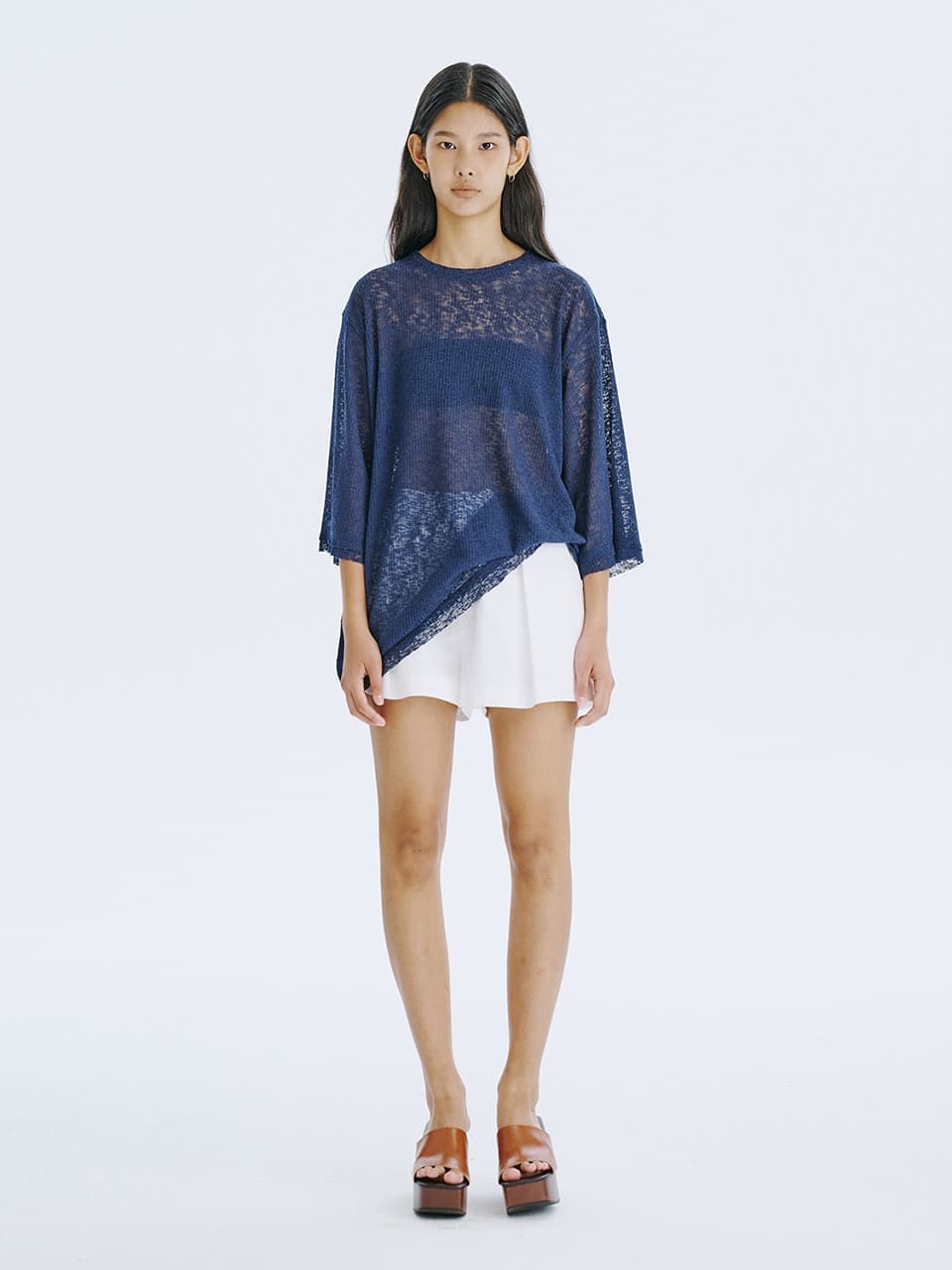Summer Long-Sleeve Mesh Pullover — Navy
