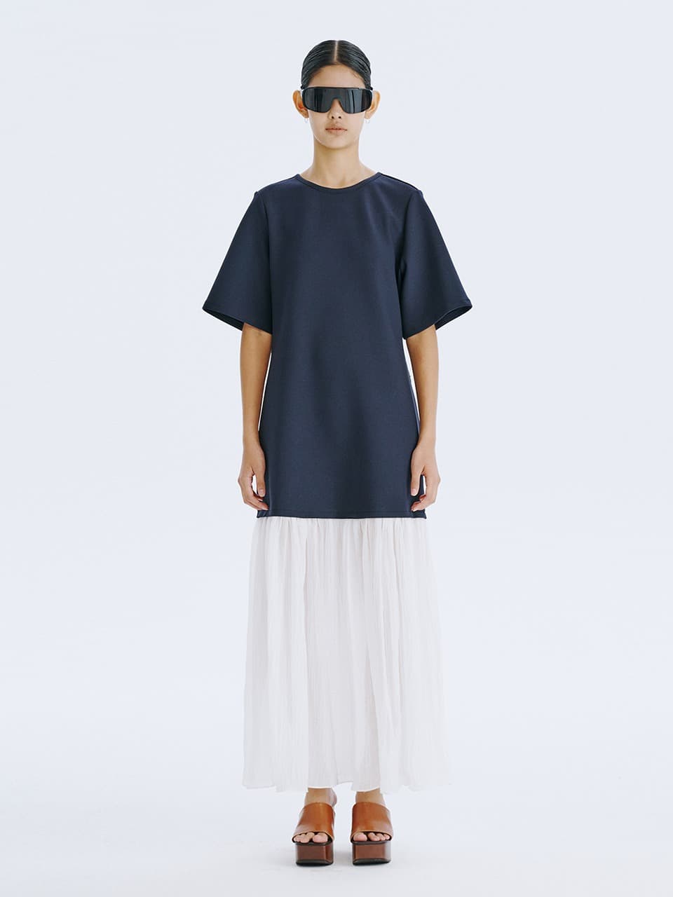 Bare Back Shirring Dress — Navy