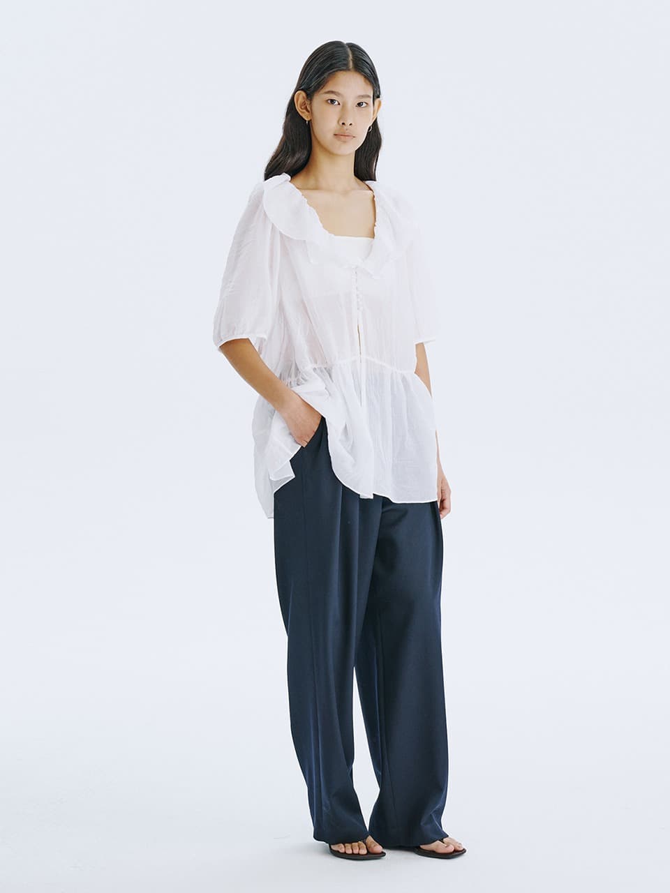 See-Through Oversized shirred blouse — White