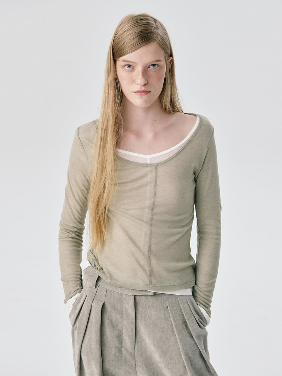U neck Sheer T — Khaki