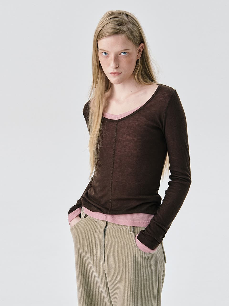 U neck Sheer T — Brown