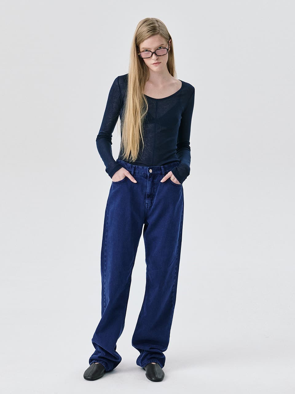 Straight Leg Denim Pants — Navy