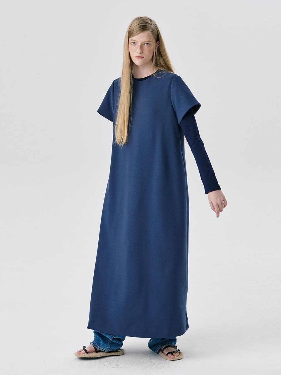 Short Sleeve Ponte Dress — Smoke Blue