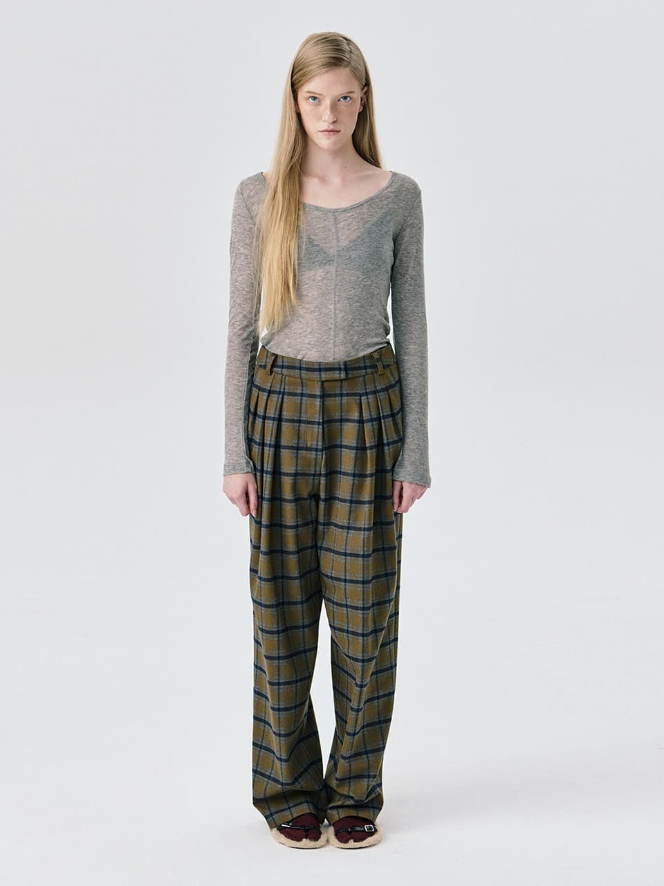 Check Wide Tuck Pants — Khaki — vue 1