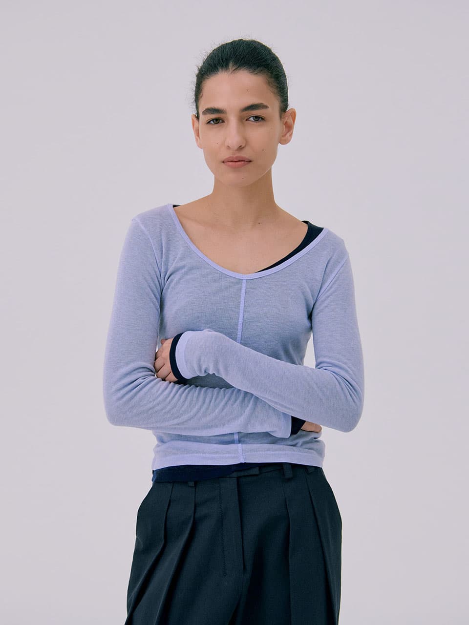 26 U neck Sheer T-shirts — Light Blue