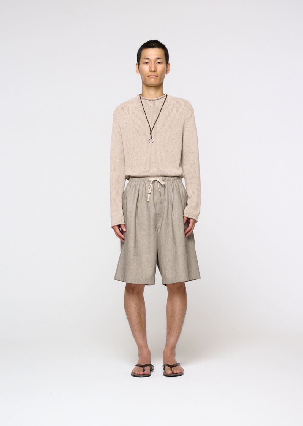 Linen Drawstring Shorts, Beige — vue 2