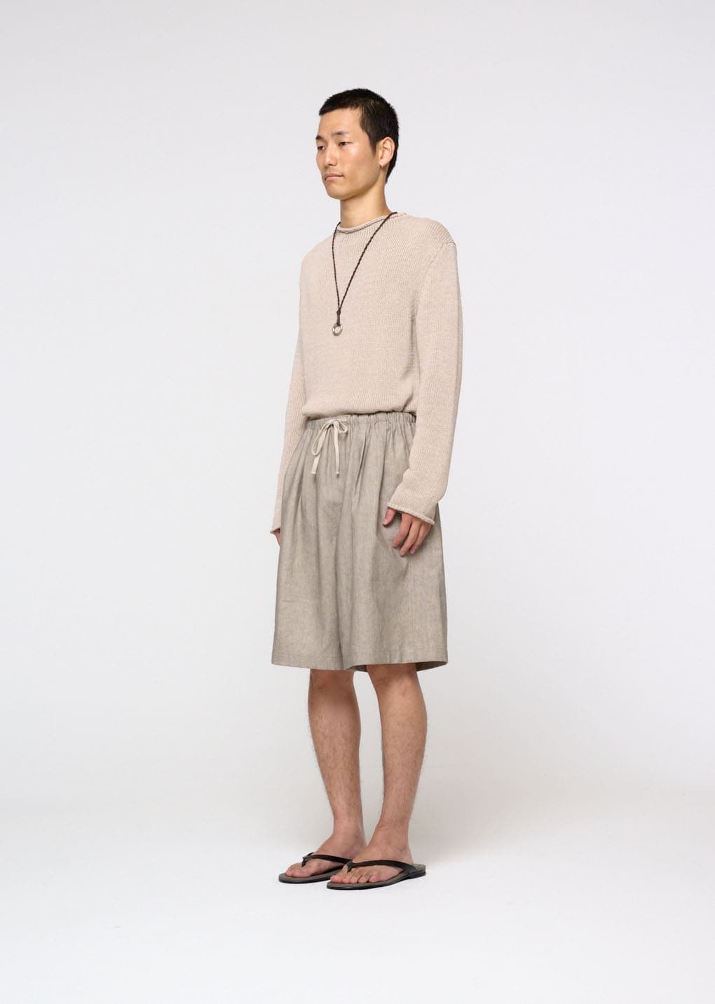 Linen Drawstring Shorts, Beige — vue 3