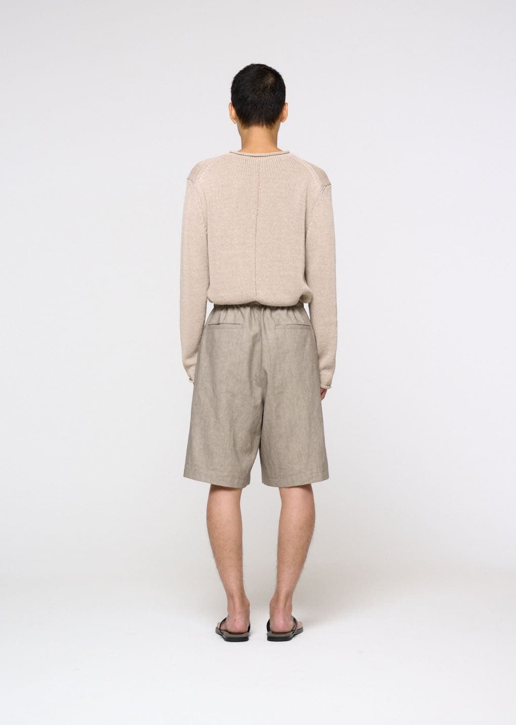 Linen Drawstring Shorts, Beige — vue 4