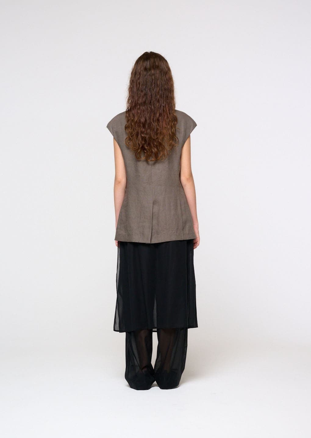 Linen Curved Vest, Khaki — vue 4