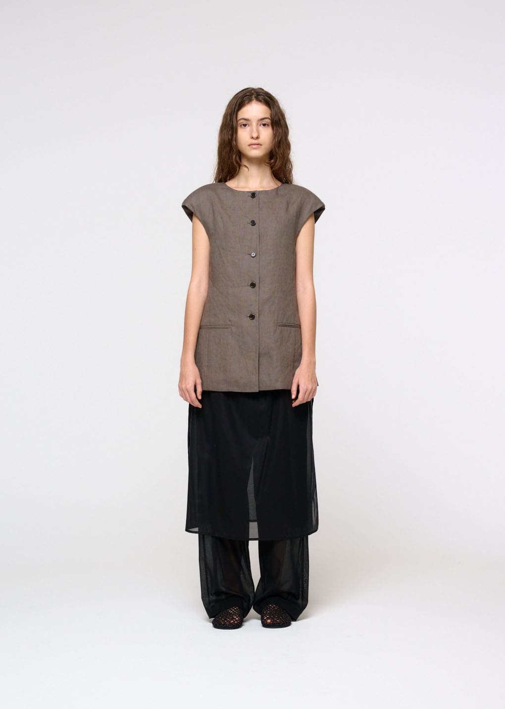 Linen Curved Vest, Khaki — vue 1
