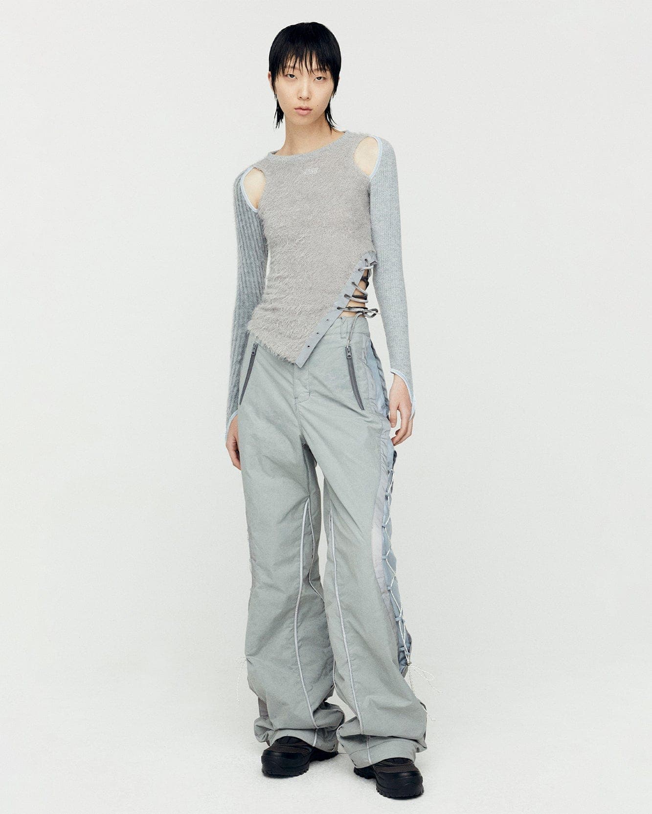 Crack Padded Lace-Up Wide Pants (Grey) — vue 5