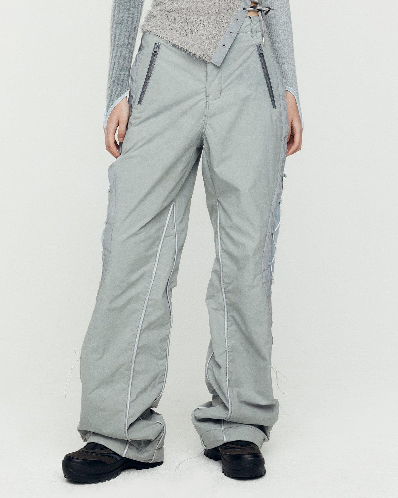 Crack Padded Lace-Up Wide Pants (Grey) — vue 1