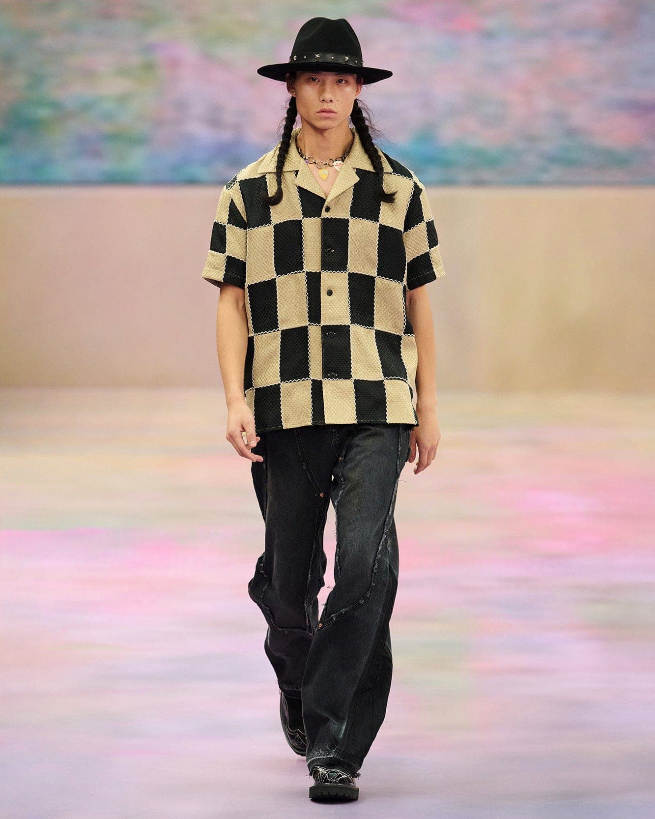Patchwork Open Collar Shirts (Black/Beige) — vue 11